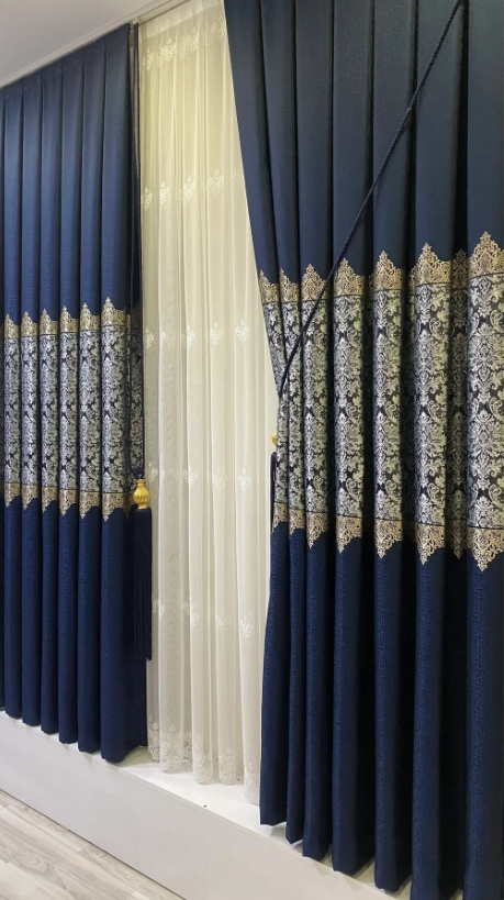 Luxe Navy Blue Silver Paneel Over Gordijn